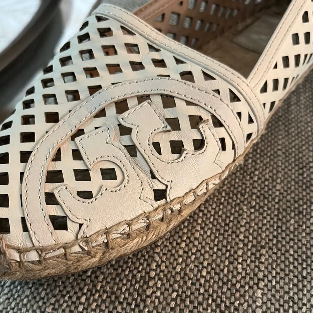 Tory Burch White Cutout Leather Espadrilles with Natural Jute Trim